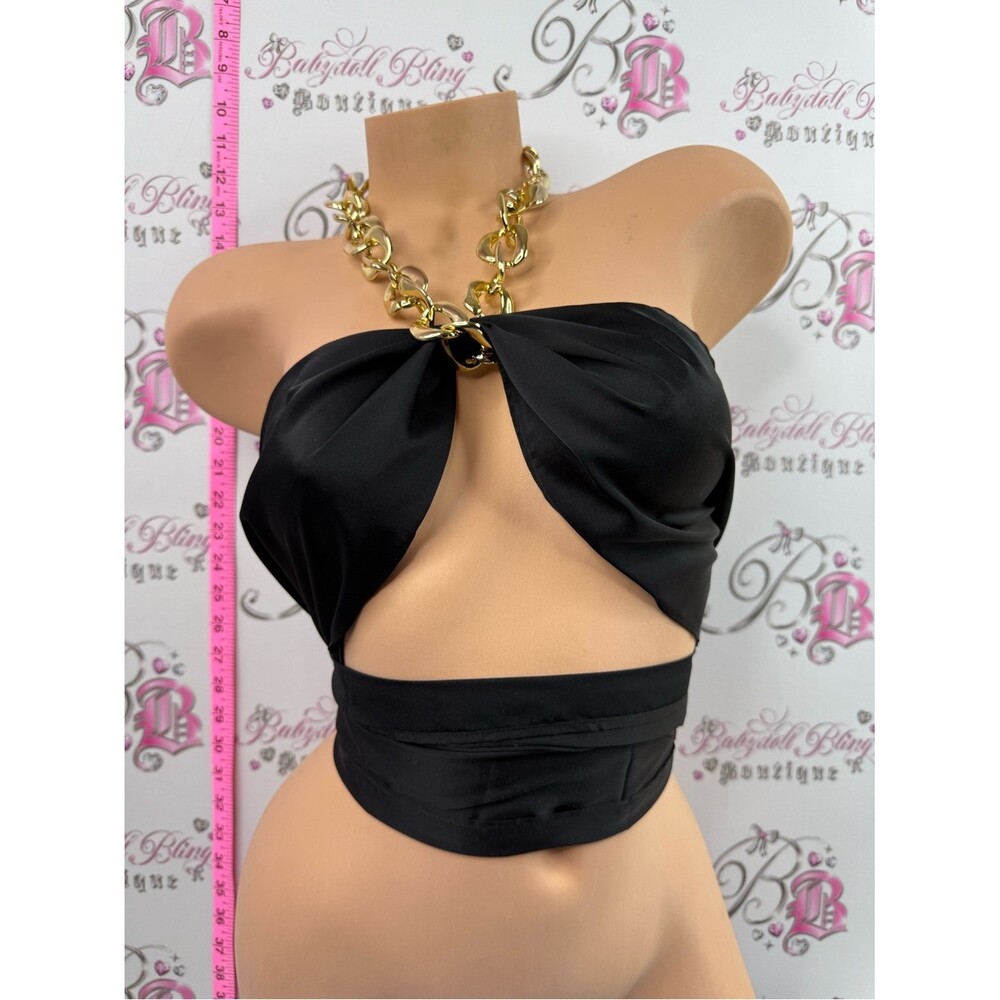 Top multi way style sexy shiny Gold-Chain Accent Black Strapless Cutout Crop Top